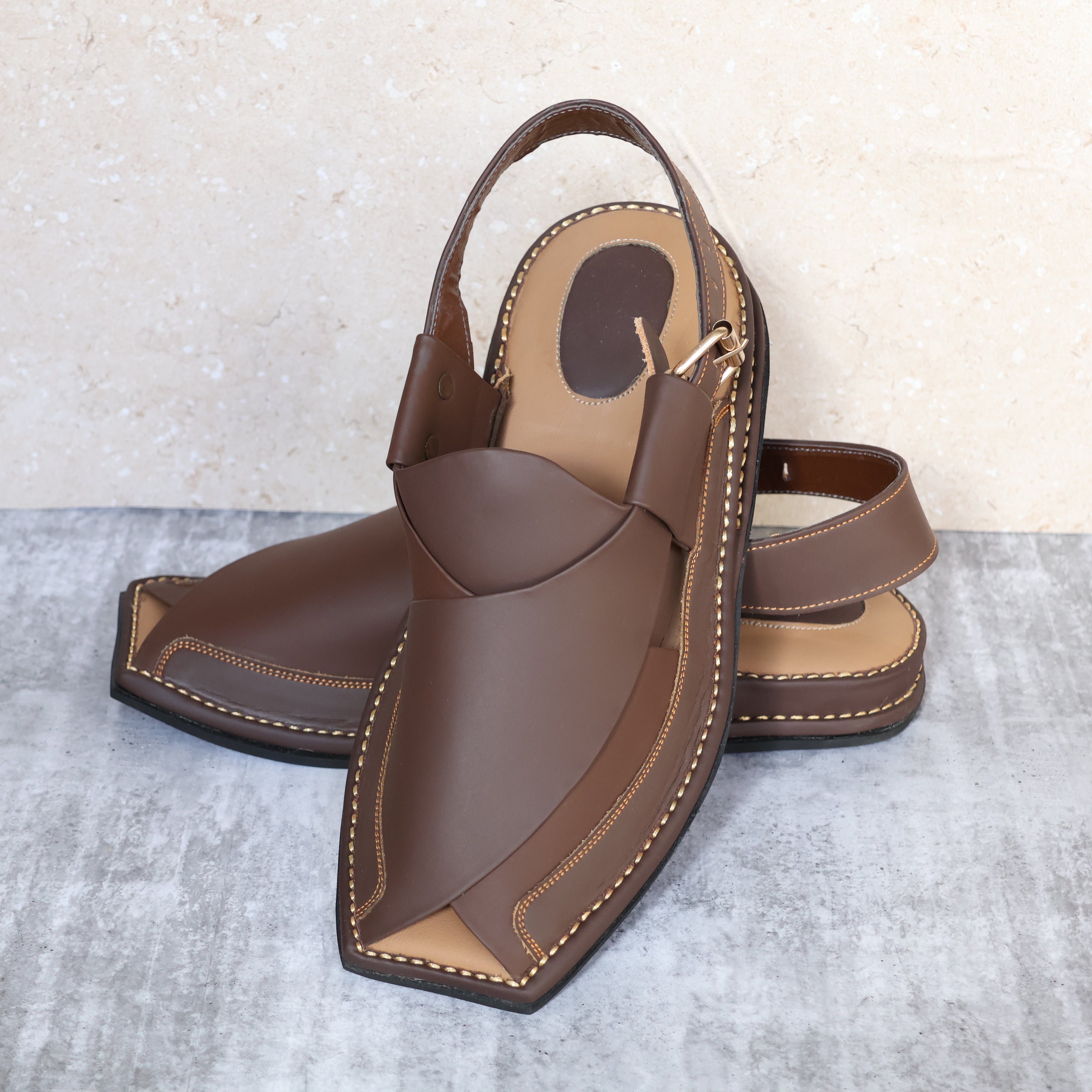 Leather Sandals, Men's, Handmade, Peshawari Chappal, Rubber Sole, Comfort Padding, Matte Brown