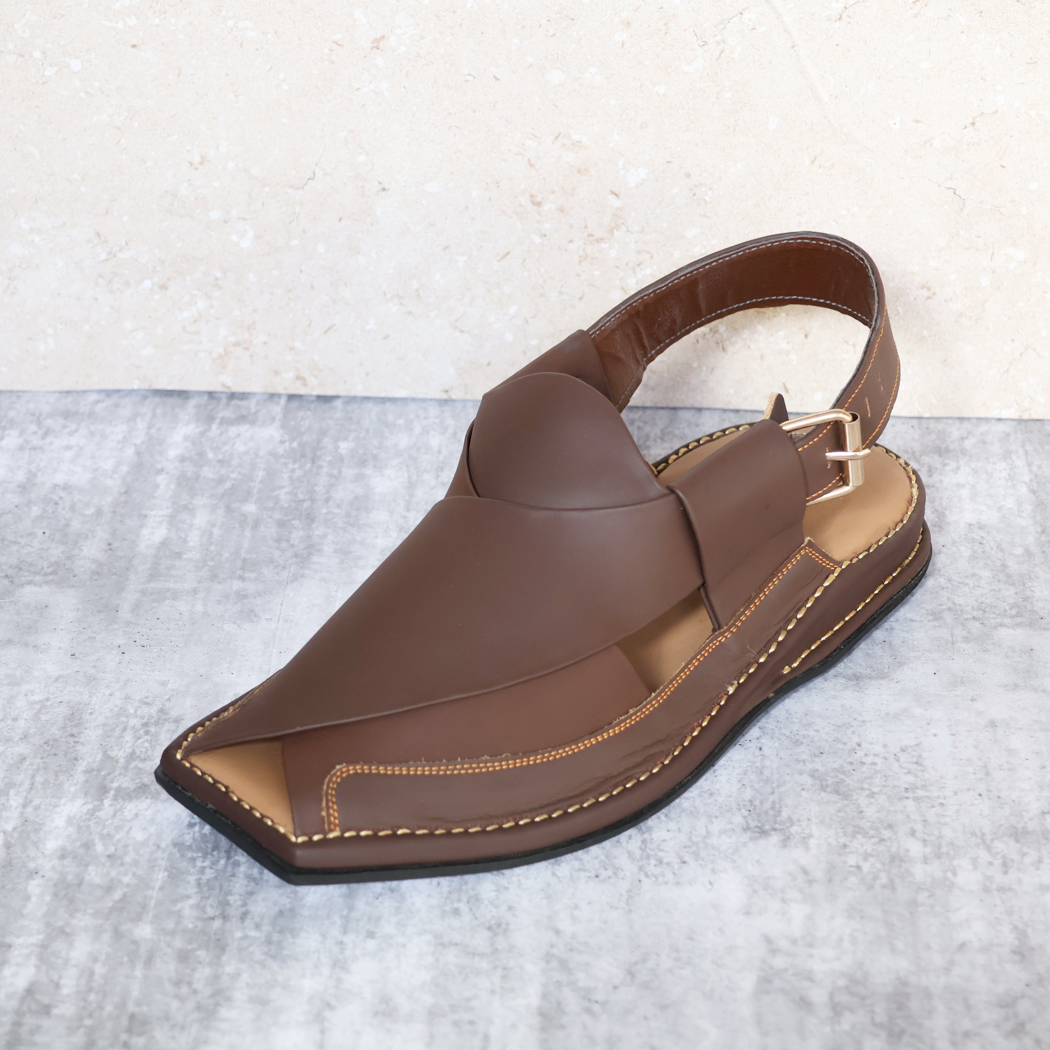 Leather Sandals, Men's, Handmade, Peshawari Chappal, Rubber Sole, Comfort Padding, Matte Brown