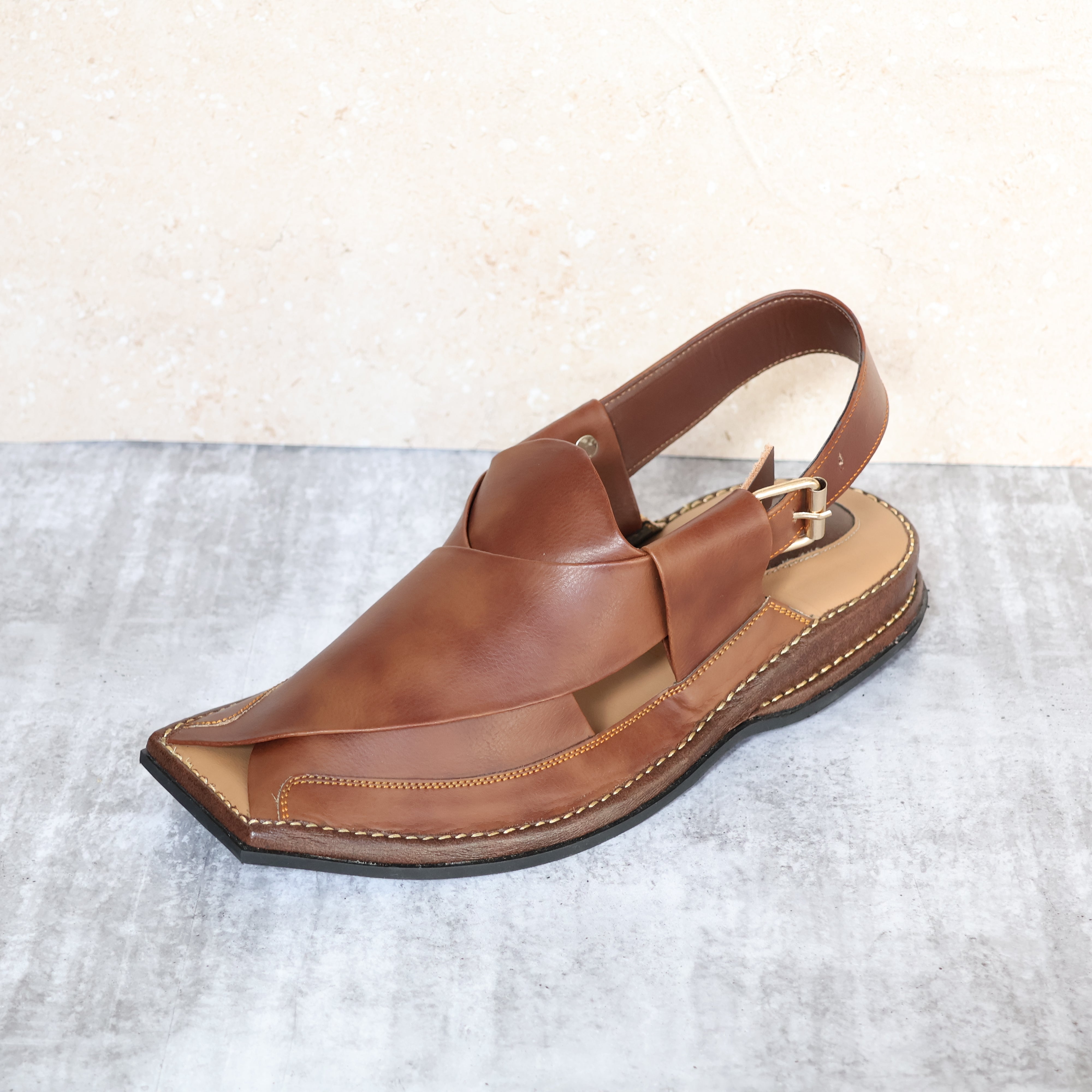 Leather Sandals, Men's, Handmade, Peshawari Chappal, Rubber Sole, Comfort Padding, Polished Brown