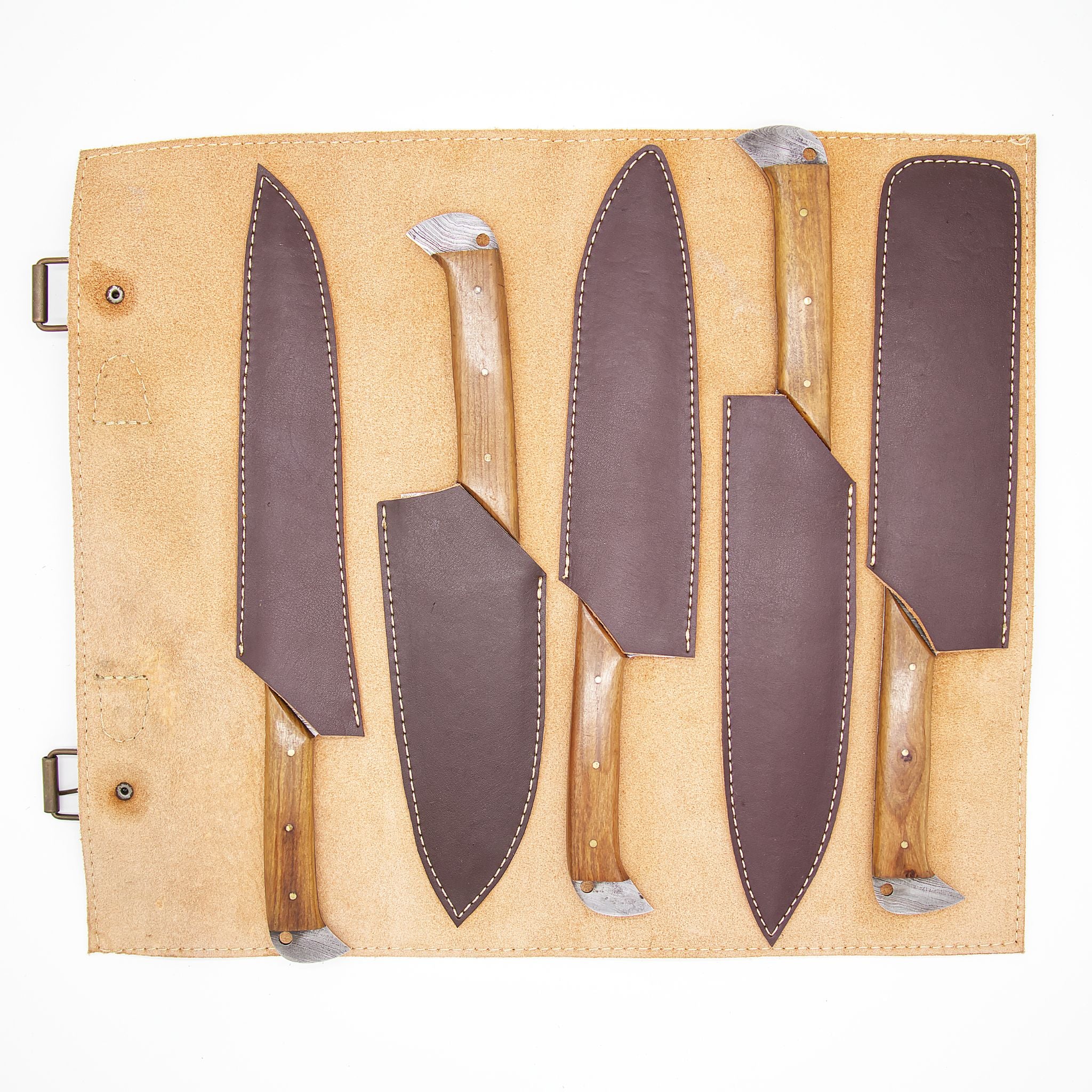 Chef Knife Set I, Damascus Steel, Handmade, with Genuine Leather Roll