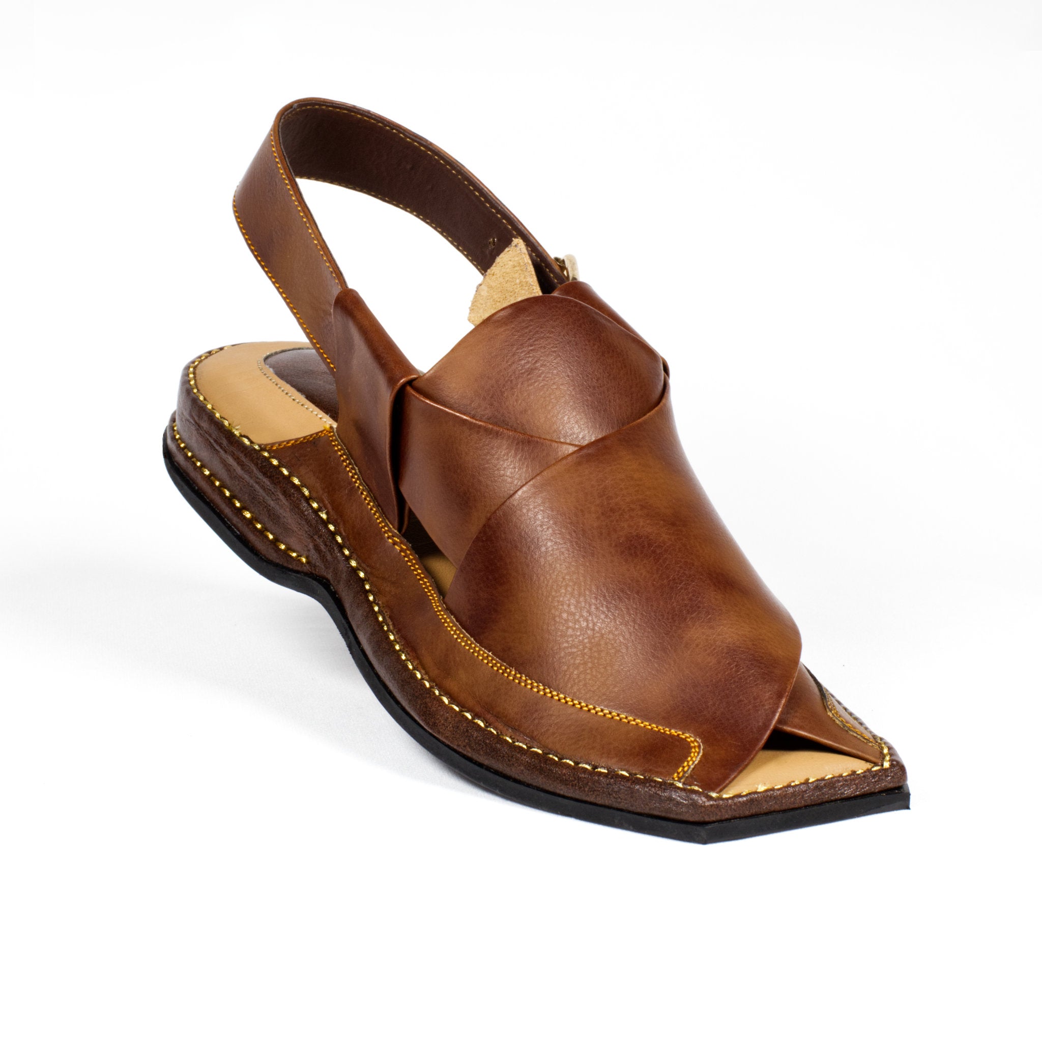 Leather Sandals, Men's, Handmade, Peshawari Chappal, Rubber Sole, Comfort Padding, Polished Brown