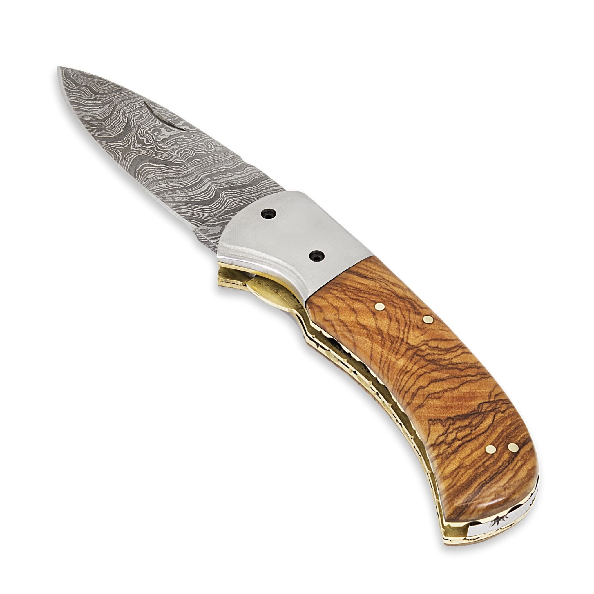 Trusty Fold III Handmade Folding Knife Damascus Steel Blade Olivewood Handle